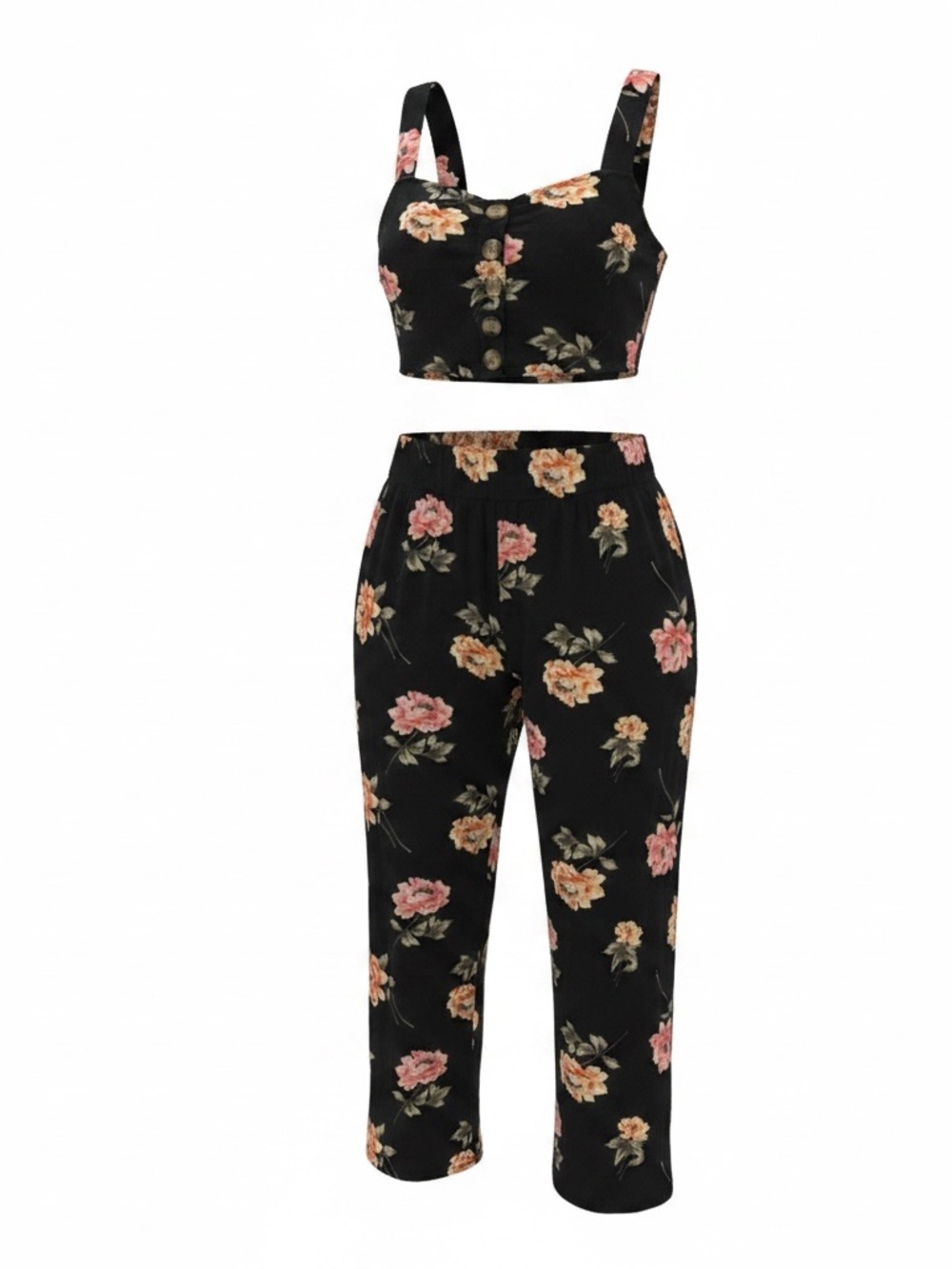 Floral Button-Front Navy Crop Top
